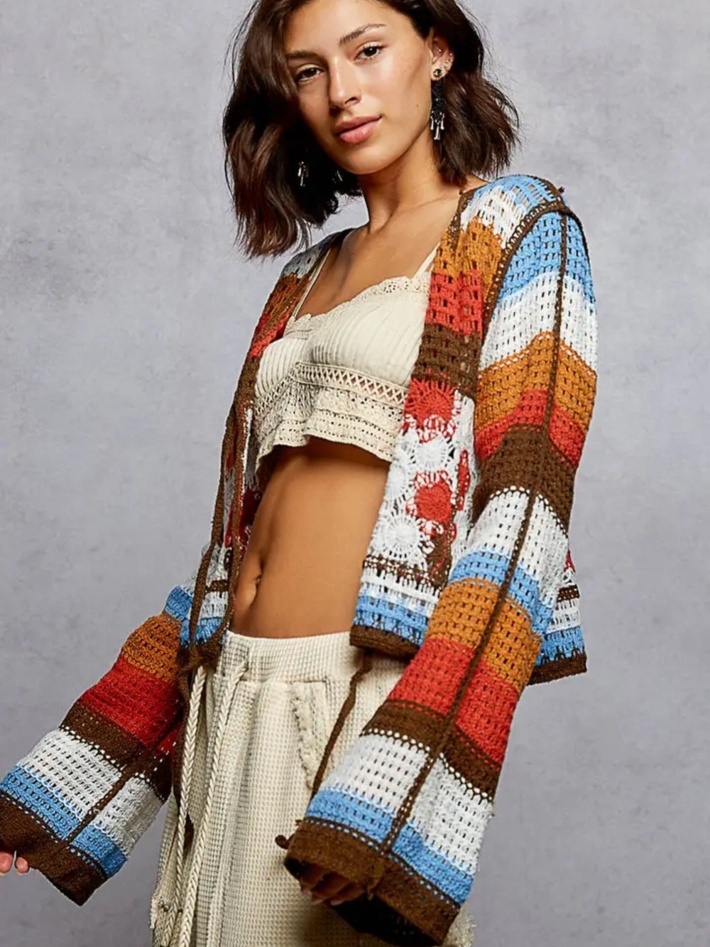 POL Flower Power Boho Stripped Crocheted Cardigan New In Poly - Picture 2 of 5